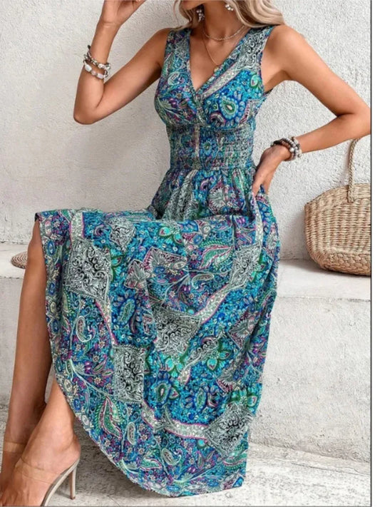 Summer Boho Dress Women Fahsion Sleeveless Print Beach Party Dresses Elegant Casual Holiday Female Dress For Women Robe Femme
#SummerFashion #Dress