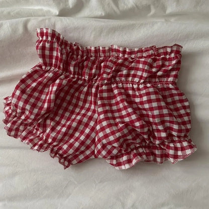 Red and White Plaid Shorts y2k Clothes Women Elastic Waist Ruffles Cake Shorts Bottoming Sweet Girl