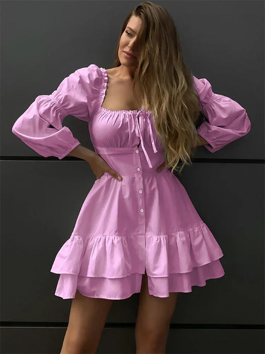 Tossy Lace-Up Patchwork Ruffled Mini Dress Women's Square Collar Long Sleeve Elegant Party Dress Clothes Fashion Summer Dress