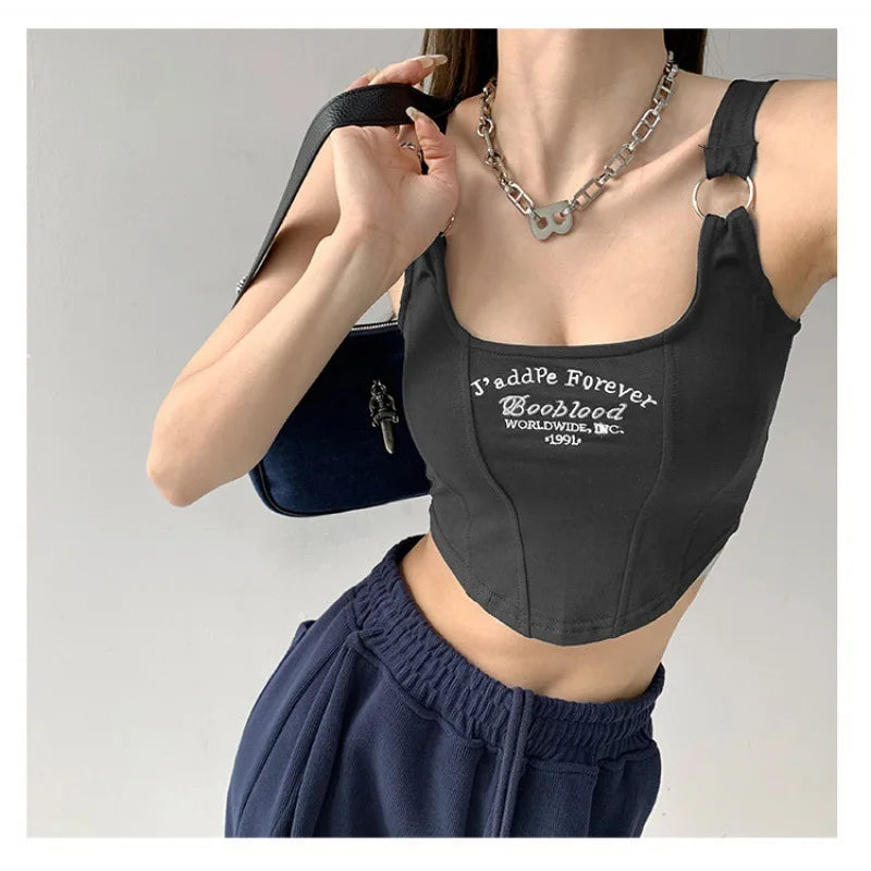 Striped bra pad sexy tank top Y2K solid color short women's T-shirt tank top exposed navel top sleeveless exposed navel top tank