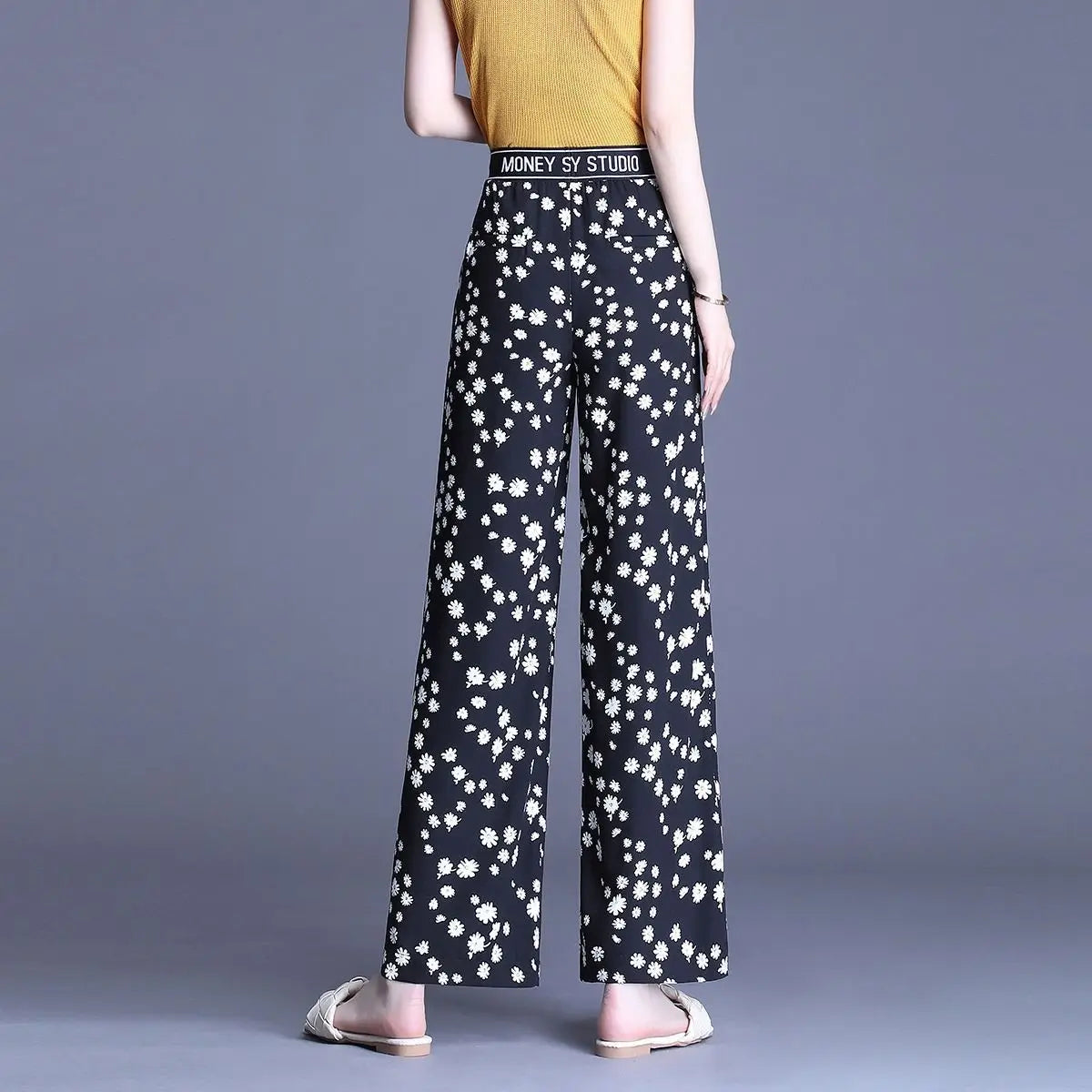 Summer Casual Floral Print Wide Leg Pants for #Women Korean Fashion Elastic High Waist Loose Straight Trousers Female Clothing