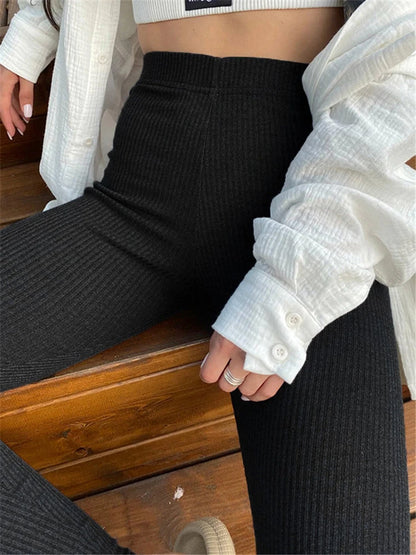 Tossy Black Ribbed Knit Leggings Women High Waist Cotton Fitness Basic Pants Casual Spring New All-Match Female Skinny Leggings