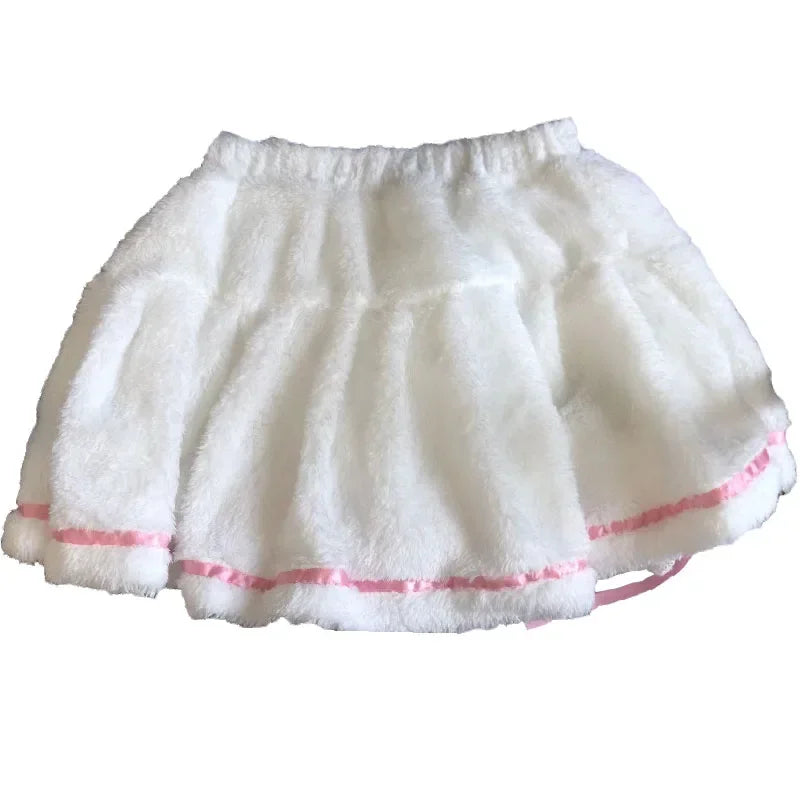 Mini Pleated Pant Lace Skirt Women Sweet Winter Warm Fleece Band Waist White Sweet Cute Lolita Bottoms For Lady Preppy Girls