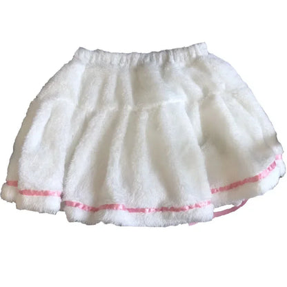Mini Pleated Pant Lace Skirt Women Sweet Winter Warm Fleece Band Waist White Sweet Cute Lolita Bottoms For Lady Preppy Girls