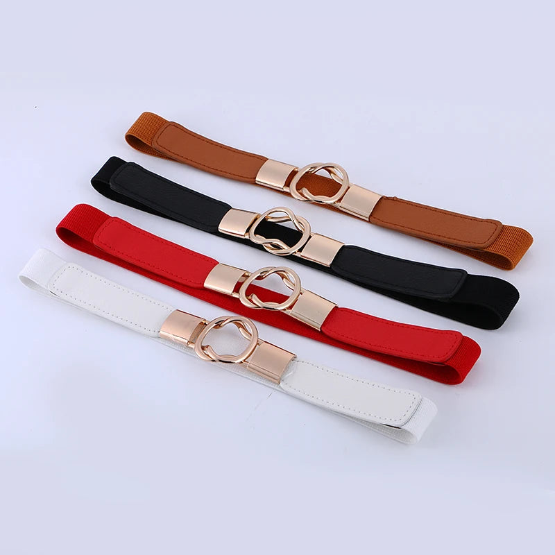 Free Shipping Fashion Women's Belt Elastic Waistband Gold Circle Buckle Small Belts Red Thin Cummerbund Woman Belt Strap Brown