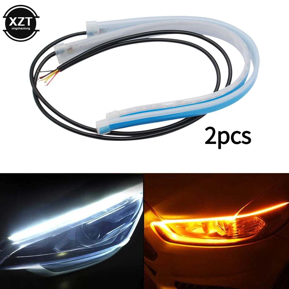 1pair Car LED DRL Ultra-thin Daytime Running Lights Flexible Waterproof Auto Turn Signal Yellow Brake Side Light Car Accessories