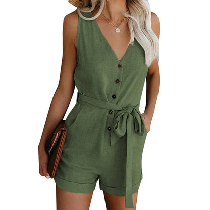 Women's Casual V-neck Monochromatic Jumpsuit, Five-Point Shorts, European and American, Summer, New, 2022