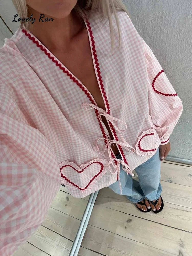 Elegant Plaid Bow Lace Print Women Shirt Casual Long Lantern Sleeve V-neck Female Shirt 2024 Spring Summer Love Lady Outwear