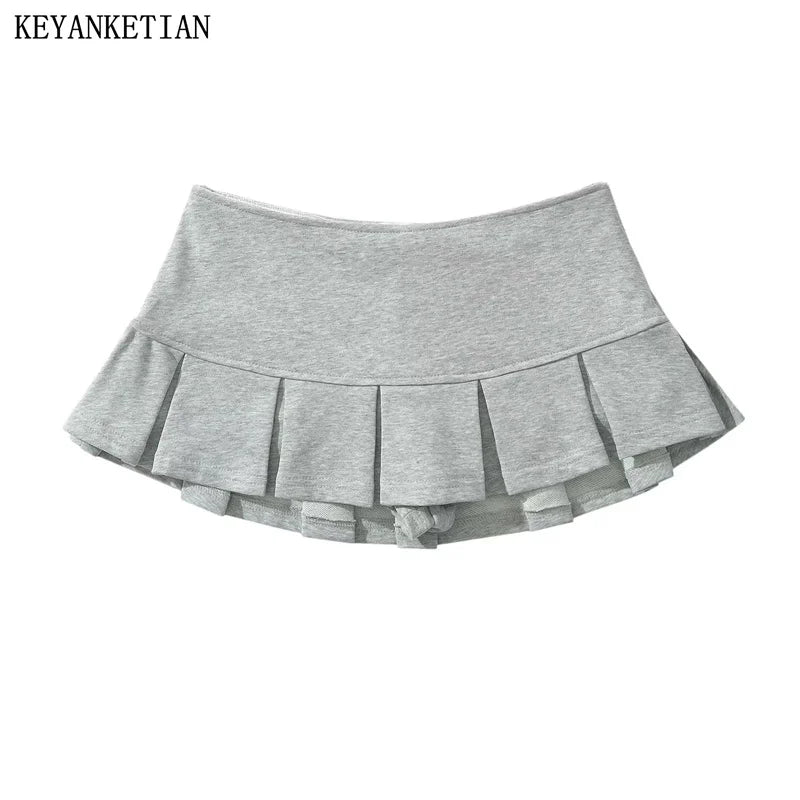 KEYANKETIAN New Women's Terry fabric Low waist Y2K Mini Skirt Wide pleat Decoration Light grey Flounce A Line Skort Hot sweet