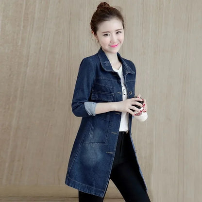 2024 New Autumn Winter Korean Denim Jacket Women Slim Long Base Coat Women's Frayed Navy Blue Casual Female Jeans Jackets Coats