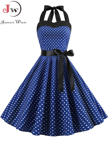 Polka Dot Dress Women Vintage Swing Halter Belt 50s 60s Rockabilly Prom Party Dresses Retro Feminino Vestidos