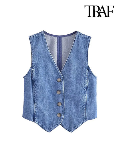 TRAF Women Fashion Front Button Denim Waistcoat Vintage V Neck Sleeveless Female Outerwear Chic Vest Tops