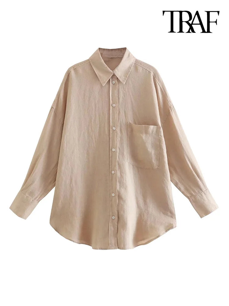 TRAF Women Fashion With Pocket Oversized Shirts Vintage Long Sleeve Button-up Female Blouses Blusas Chic Tops