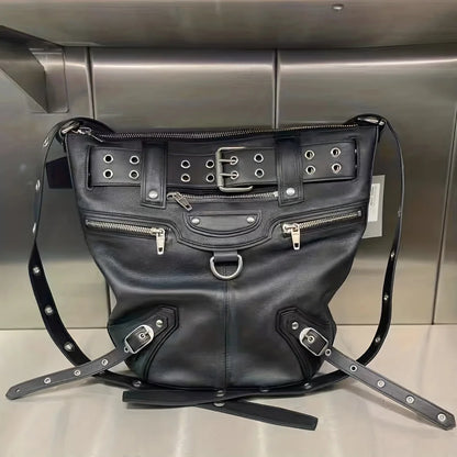 High Street Vintage Handbag Women New Rivet Large Capacity Casual Crossbody Bags Ladies Moto Biker Black Messenger Bag