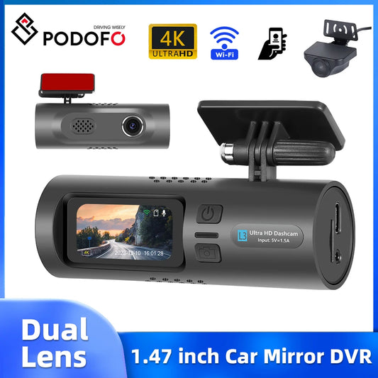 Podofo 1.47'' Mini Drive Recorder HD 4K WiFi Night Vision Car Rearview Mirror 150-degree Wide Angle Dual Lenses Rearview Camera