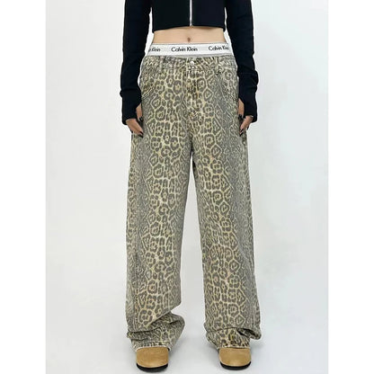 American Retro High Street Casual Overalls Leopard Print Loose Wide Leg Pants For Women Y2k Hip-hop Cargo Grunge Baggy Trousers