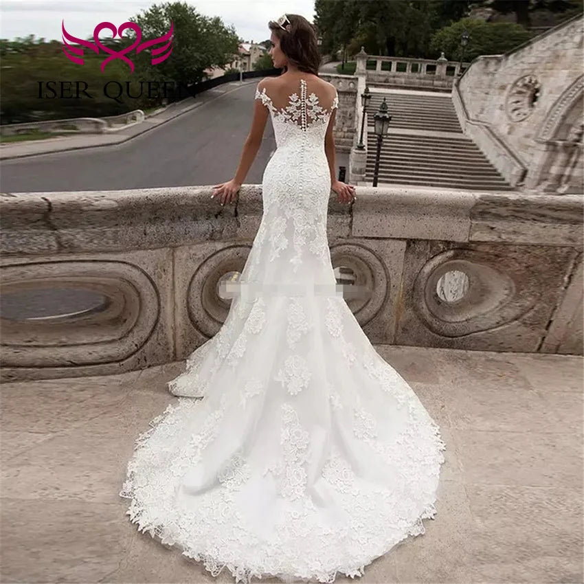 Short Cap Sleeves Countryside Meramid Wedding Dresses For Women 2024 New Design Illusion Back Sweet Train Wedding Dress W0545