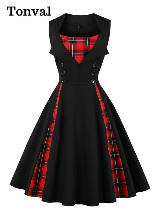 Tonval Black and Plaid Vintage 4XL 5XL Summer Dress Women Button Front Sleeveless Pinup 1950s Cotton Retro Rockabilly Dresses