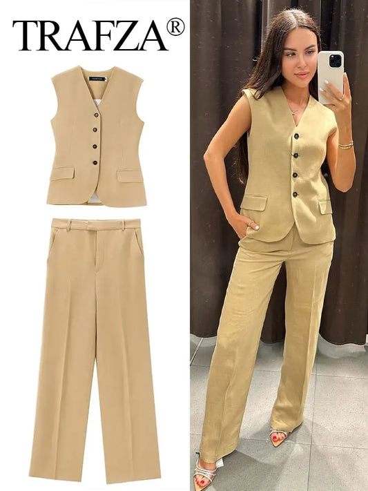 TRAFZA 2024 Summer 2 Piece Set For Women Fashion Sleeveless Vest Top + Solid Commute Office Lady Women's Wide Leg Long Pant