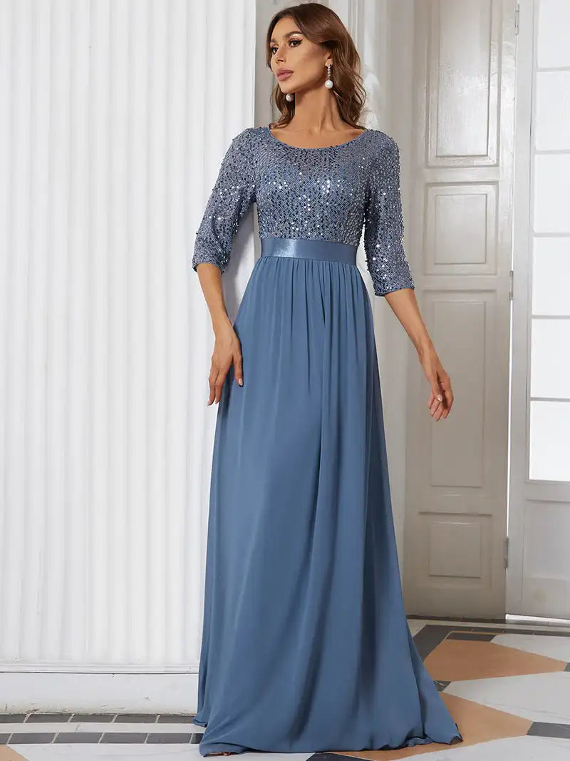 Elegant Evening Dresses A-LINE Chiffon Sleeve Crew Neck 2024 ever pretty of Dusty Navy Simple Sequins Bridesmaid dress Women