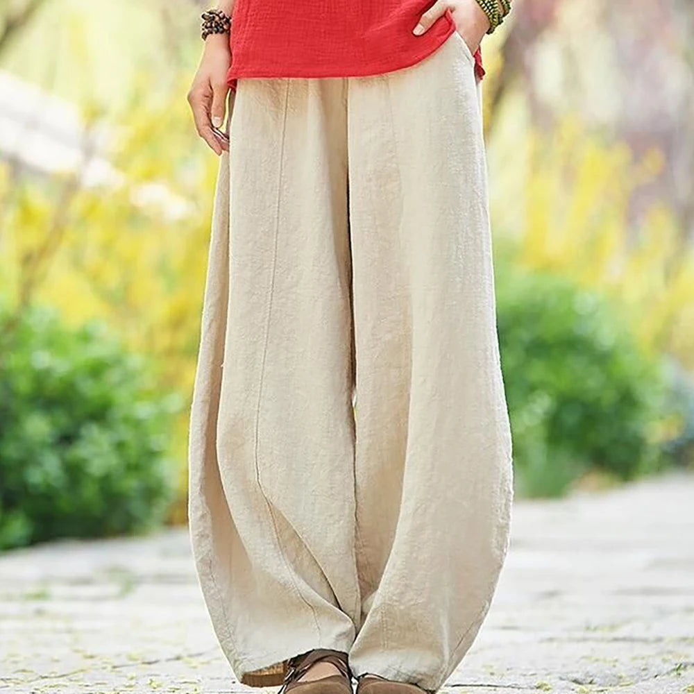 Spring Summer 2023 Cotton Linen Style Bloomers Wide Leg Pants Women Vintage Full Length Elegent Pants Solid Elasitic Waist S-5XL