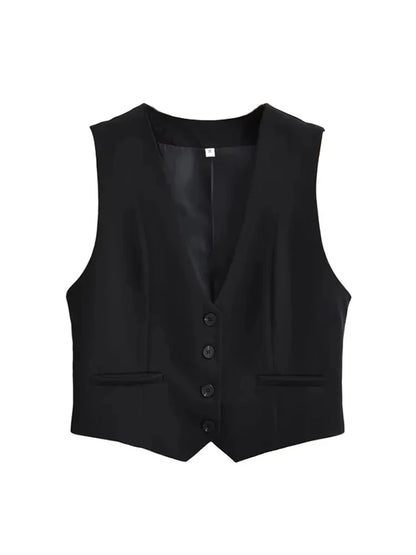 Aoaiiys Vest Women Cropped Waistcoat Fashion Front Buttons Tops Vintage V Neck Sleeveless Female Outerwear White Chic Vests New