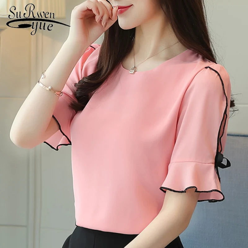 Fashion 2023 Chiffon Women Blouse Shirt Bow Short Sleeve Sweet Women's Clothing Pink O-neck Summer Feminine Tops Blusas D621 30