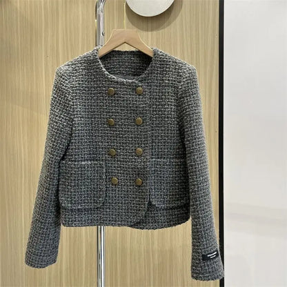Winter Tweed Thick Round Neck Jackets Coat Casual Warm Women Double Breasted Chaquetas Casaco Cotton Padded Lined Ceket Abrigo