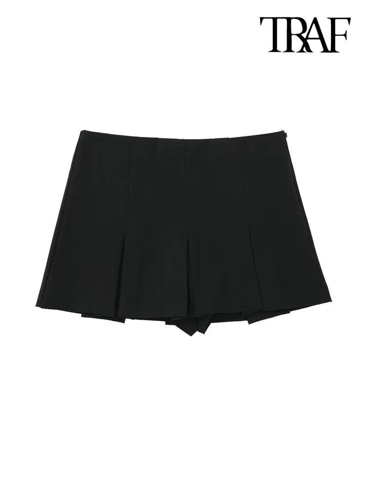 TRAF Women Fashion With Pleated Shorts Skirts Vintage High Waist Side Zipper Female Skort Mujer