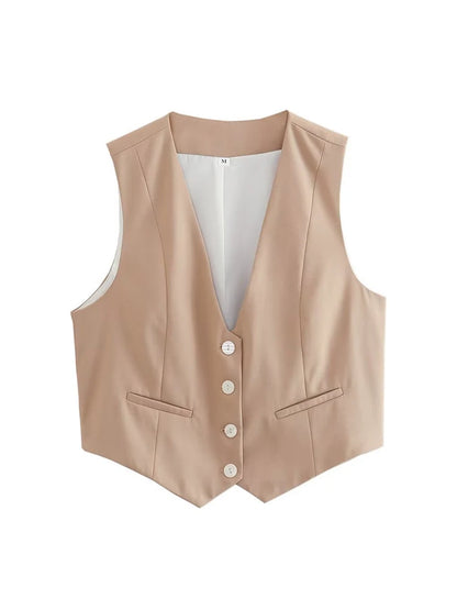 Aoaiiys Vest Women Cropped Waistcoat Fashion Front Buttons Tops Vintage V Neck Sleeveless Female Outerwear White Chic Vests New