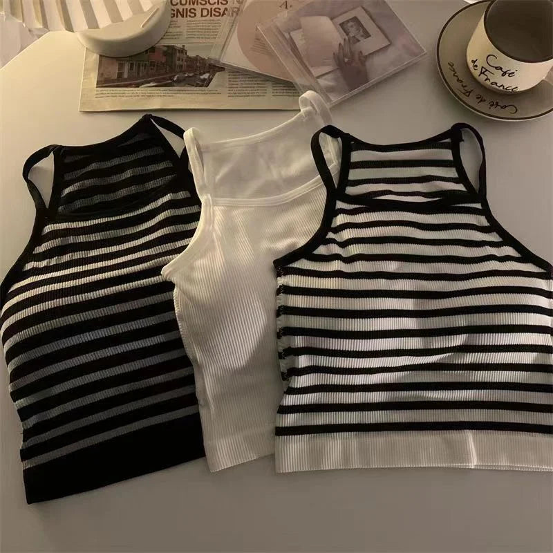 Korean Version Women Tank Tops Thread Solid Casual Fashion Crop Top with Chest Pad Stripe Sleeveless Outer Wear Basic Camisole