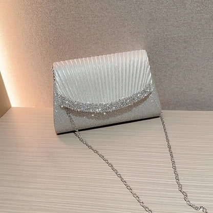 Women Shiny Sequins Pleated Handbag Sparkly Evening Bag Female Elegant Banquet Prom Party Clutch Chain Crossbody Shoulder Bag