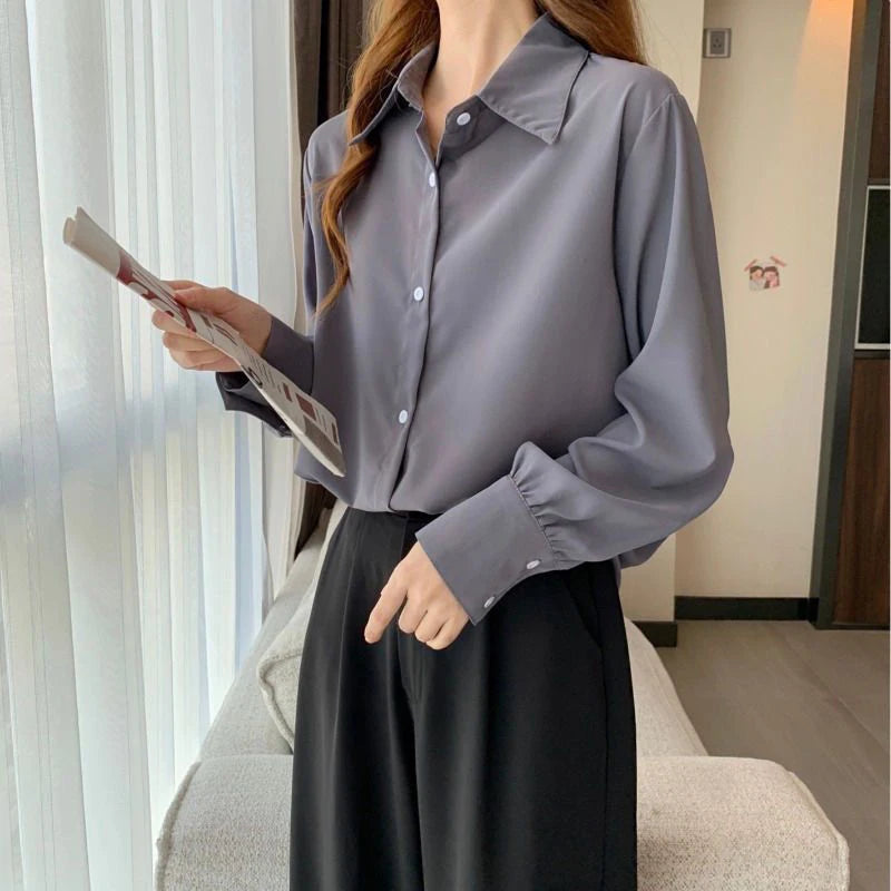 Women Chiffon White Shirts Korean Fashion Solid Loose Long Sleeve Tops Office Ladies Elegant Casual All Match Blouses Spring New