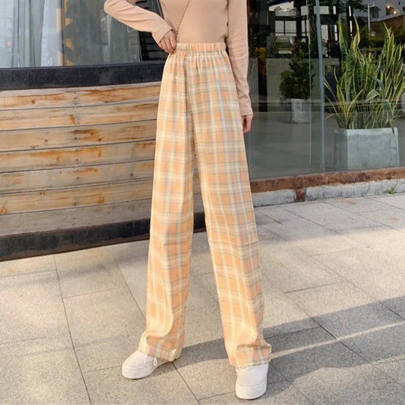 Ladies Plaid Pants Summer Ultra Thin Breathable High Waist Straight Loose Pants Harajuku Hip Hop Street Casual Pants