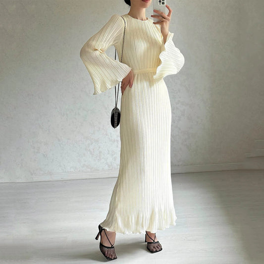 Women Summer Solid Tunics Pleats Maxi Dress For 2024 New Spring Fashion Bell Sleeves Festa Luxo Party Elegant Long Sleeve Dress