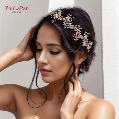 TOPQUEEN Wedding Hair Ornaments for Women Tiaras Bridal Rhinestone Headband Alloy Leaves Wedding Headpieces Headwear HP233