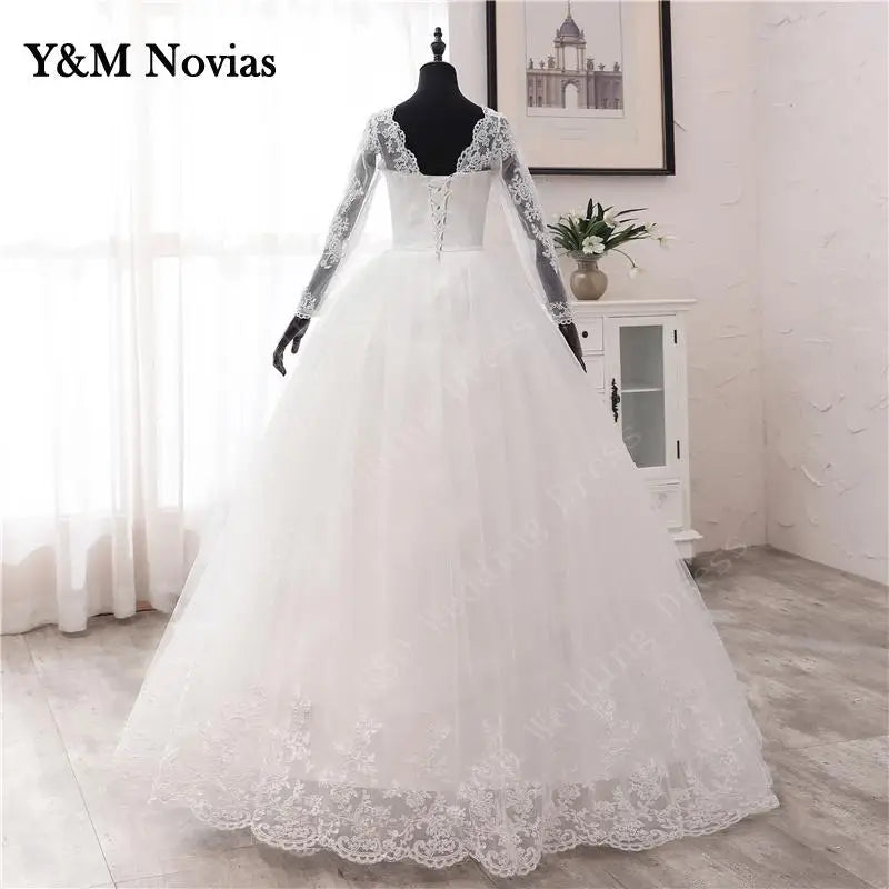 New Spring Lace Appliques Wedding Dresses Long Sleeve Vestidos De Novia 2023 White V-Neck Princess Bride Wedding Gowns Plus Size