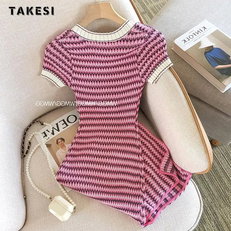 Women Short Sleeve Round Neck Striped Luxury Sheath Mini Dresses 2024 Summer Patchwork High Waist Slim Fit Knitting Dress