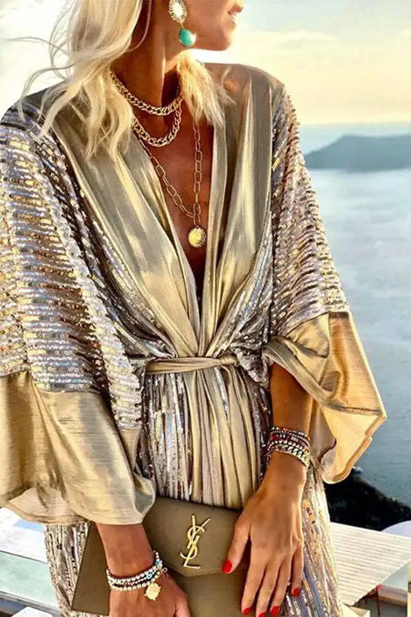 2024 Cover Up Women Bohemian Maxi Long Kimono Tunic Cape Beach Dress Fashion Vintage Sequin Cardigan Party Gold Red Female