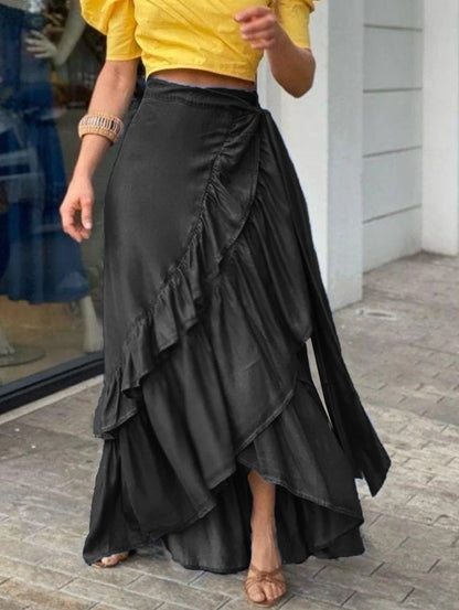 Women's Pleated Denim Skirt Casual Street Wear Beach Party Club Y2K Vintage Elegant Solid Ruffle Hem Knot Waist Long Dress