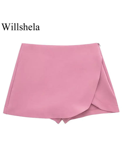 Willshela Women Fashion Solid Side Zipper Skirts Shorts Vintage High Waist Female Chic Lady Shorts