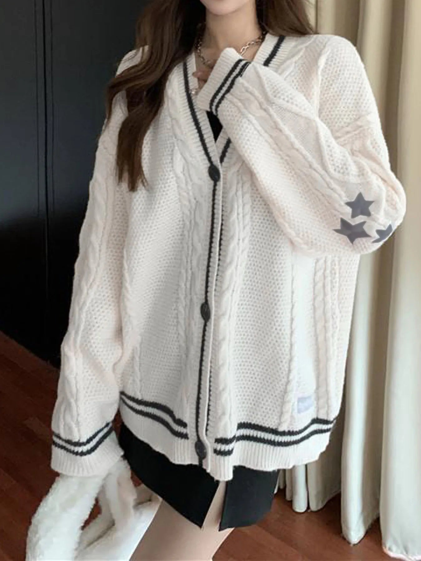 Women's Star Embroidered Single Breasted V-Neck Knit Cardigan Y2K Contrast Striped Sweater Cardigan Outwear