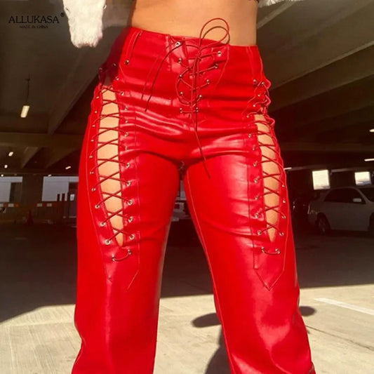 woman pants High Waist Pants Hollow Out Bandage Sexy Autumn Trend Leather Club  Slim Streetwear Weird Puss Faux PU Y2K Trousers