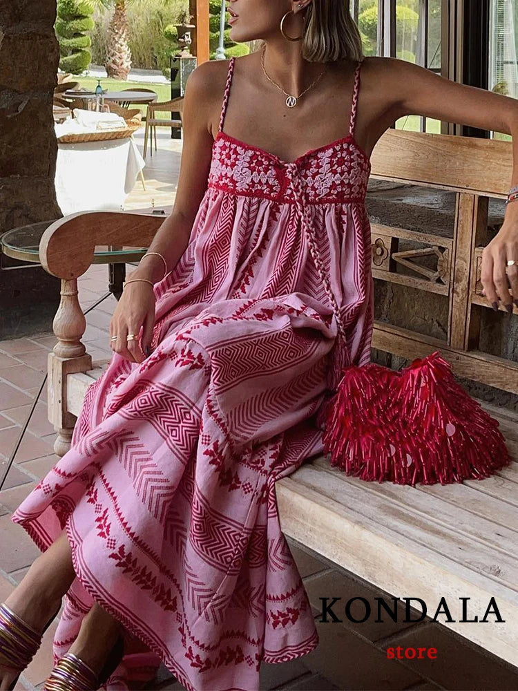 KONDALA Boho Flower Print Knit Corset Long Cami Dress Women Bow Tie Embroideried Ruffles Beach Dress Fashion 2024 Summer Dress