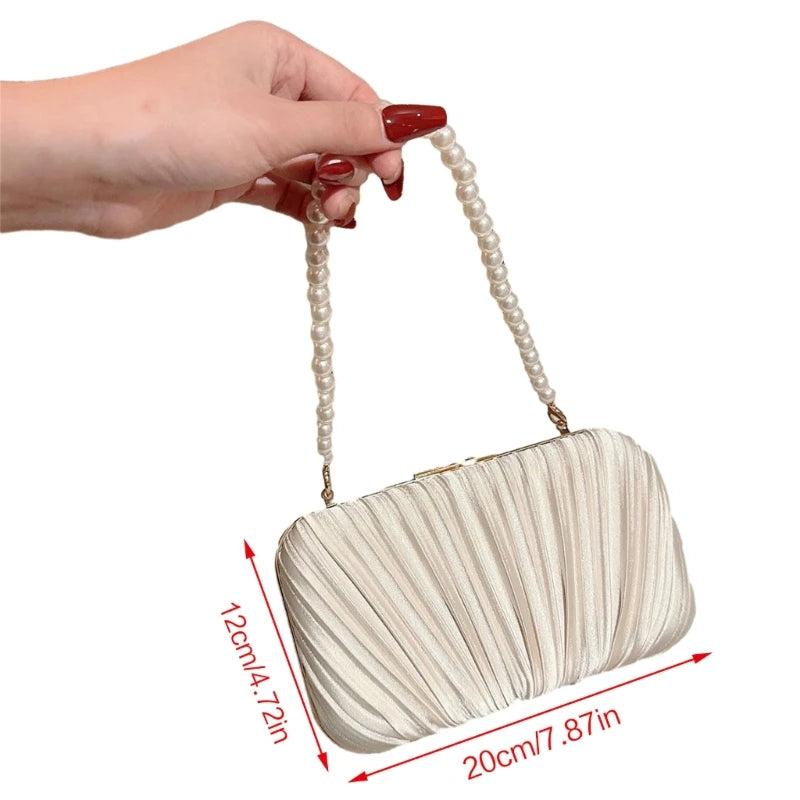 Women Stylish Ruffled Handbag with Pearl Beaded String Strap Elegant Pleated Evening Clutch Lady Banquet Prom Party Shoulder Bag