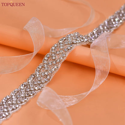 TOPQUEEN Luxury Wedding Bridal Sash Ribbon Sparkly Rhinestone Belts for Formal Dress Plus Size Diamond Belt Sash Applique  S216