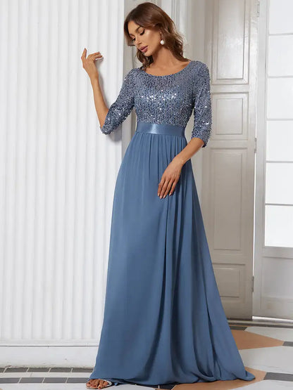 Elegant Evening Dresses A-LINE Chiffon Sleeve Crew Neck 2024 ever pretty of Dusty Navy Simple Sequins Bridesmaid dress Women