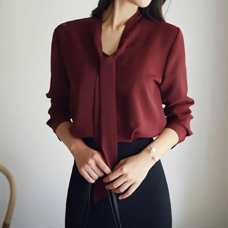 Long Sleeve Bow Tie Shirt Spring and Autumn New Fashion Women Clothing Loose Chiffon Shirt Women's Blouse Tops Blusas Mujer 699C