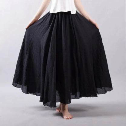 Ethnic Style Women Casual Maxi Skirt Elastic Waist Solid Color Long Skirt Large Flowy Hem A-Line Skirt Streetwear