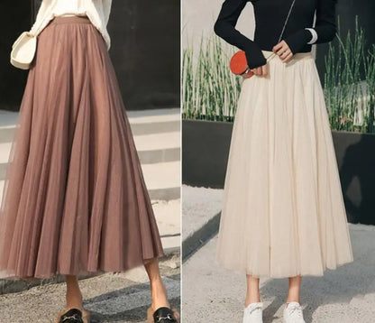 New Women Mesh Elastic Tutu Skirt Beach Spring Summer Korean High Waist Fashion Pleated Long Skirt Black White Tulle Skirts